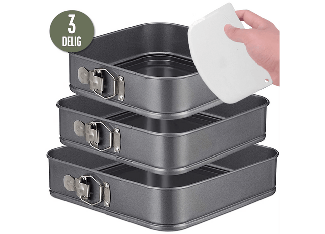 3-Delige Springvorm Set Vierkant met Antiaanbaklaag - 24 tot 28 Cm Diameter -Cakevorm Incl. Deegschraper & E-Book