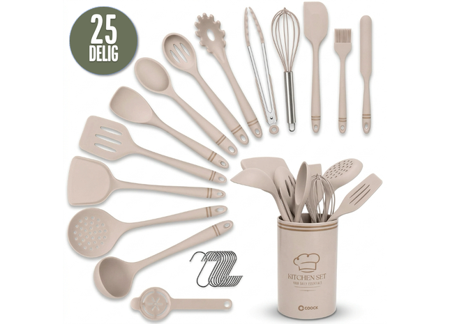 Keukengerei Set met Houder - 25-Delig - 100% Siliconen - Krasvrij voor Anti-Aanbaklaag - Beige