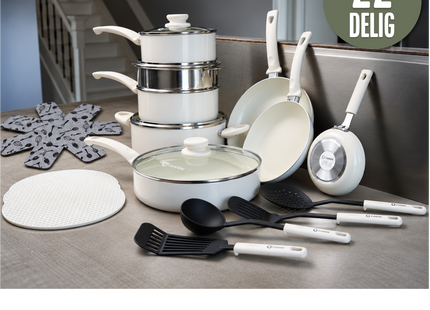 22-Delige Pannenset - Speciale Anti-Aanbak Coating - Ergonomische Koudgrepen - Gerecycled Aluminium - Wit - Wit