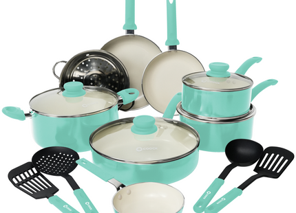 COOCK - 19-Delige Pannenset - Turquoise/Wit