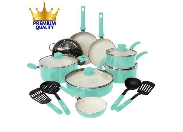 COOCK - 22-Delige Pannenset - Turquoise/Wit