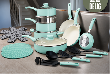 COOCK - 22-Delige Pannenset - Turquoise/Wit